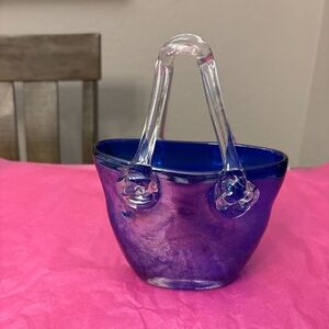 Cobalt Blue Glass Basket with Clear Handle – Hand Blown Art Glass
